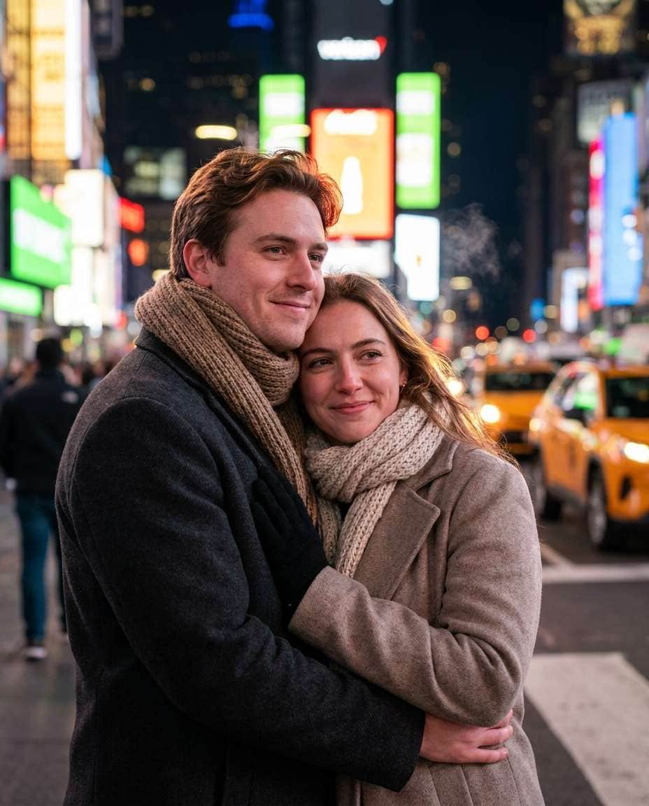 Couple Under Billboards AI portrait example — Gemini AI Photo Prompt Times Square