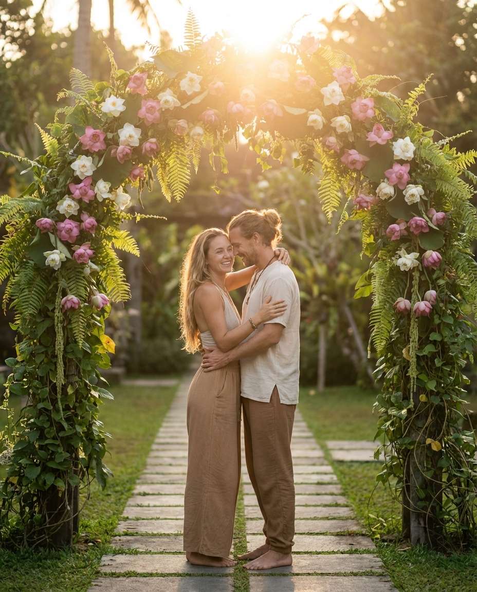 Couple Under Lotus Arch AI portrait example — AI Lotus Flower Photo Prompt