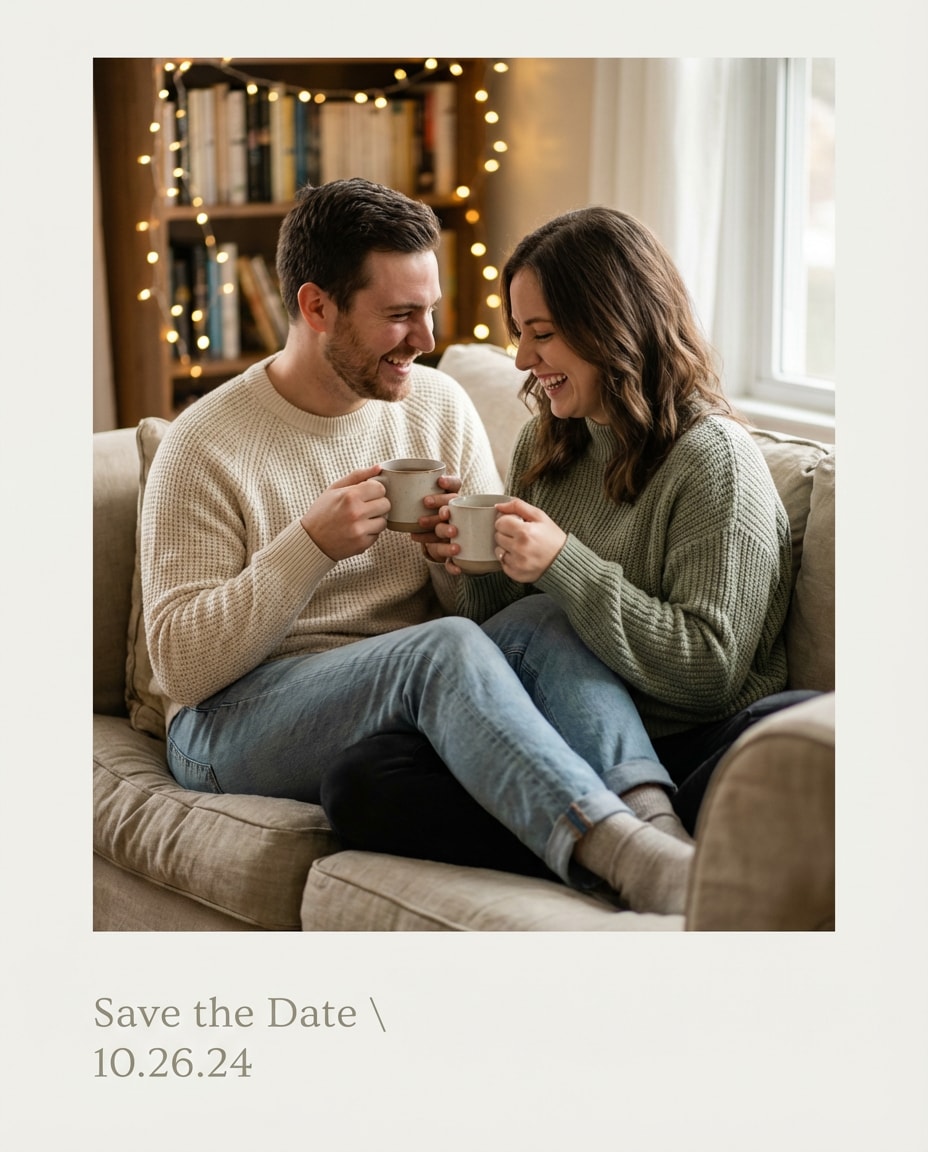 Cozy At Home AI portrait — Gemini AI Save The Date Prompt