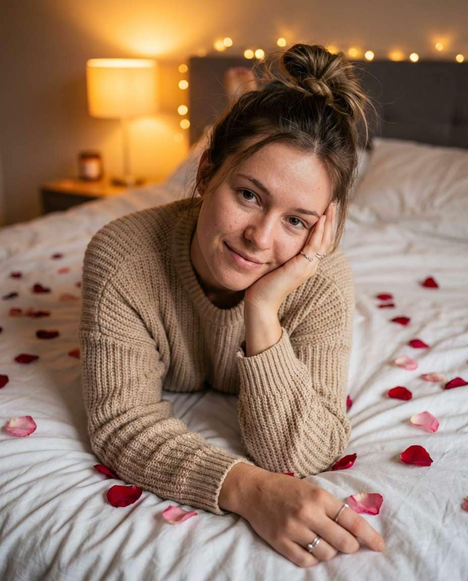 Cozy Bed Floral Flatlay AI portrait example — AI Flower Photo Prompt for Girls
