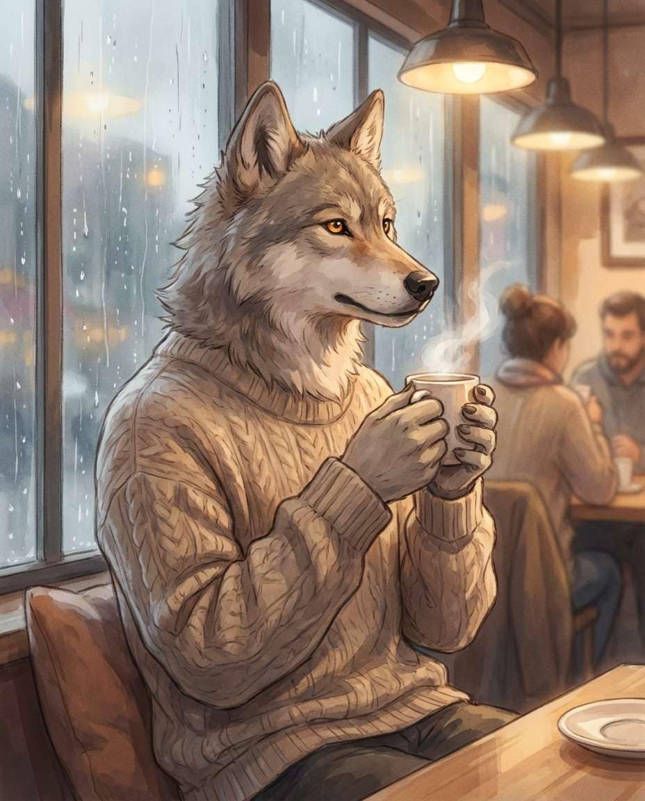 Cozy Cafe Mood AI portrait example — Gemini AI Furry Prompt