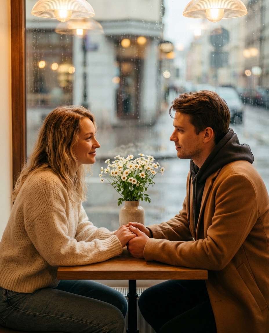 Cozy Cafe With Daisies AI portrait example — AI Couple Flower Photo