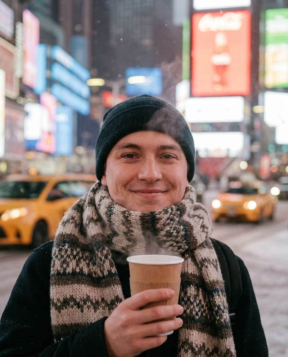 Cozy Coffee Break AI portrait example — Gemini AI Photo Prompt Times Square