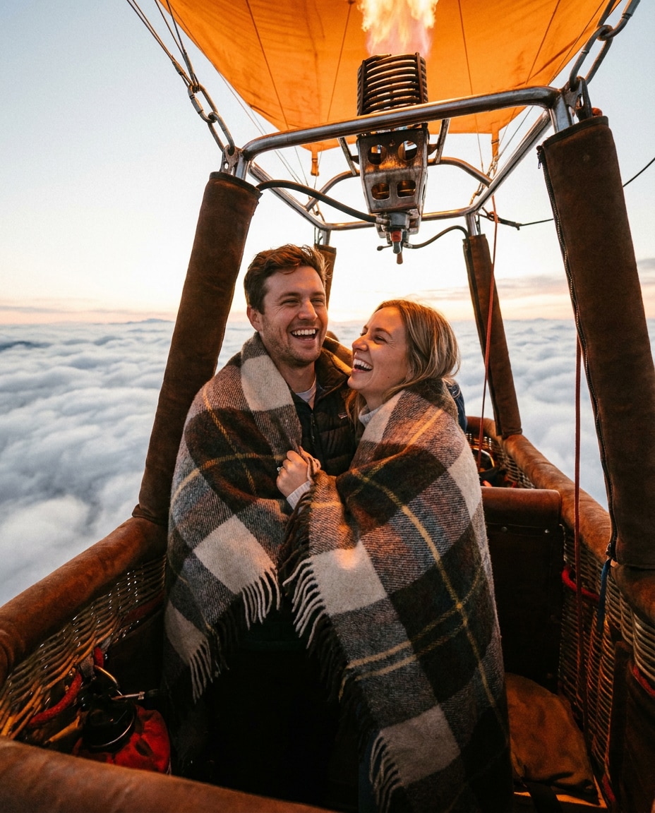 Cozy Couple in Basket AI portrait example — AI Hot Air Balloon Prompts for Gemini & ChatGPT