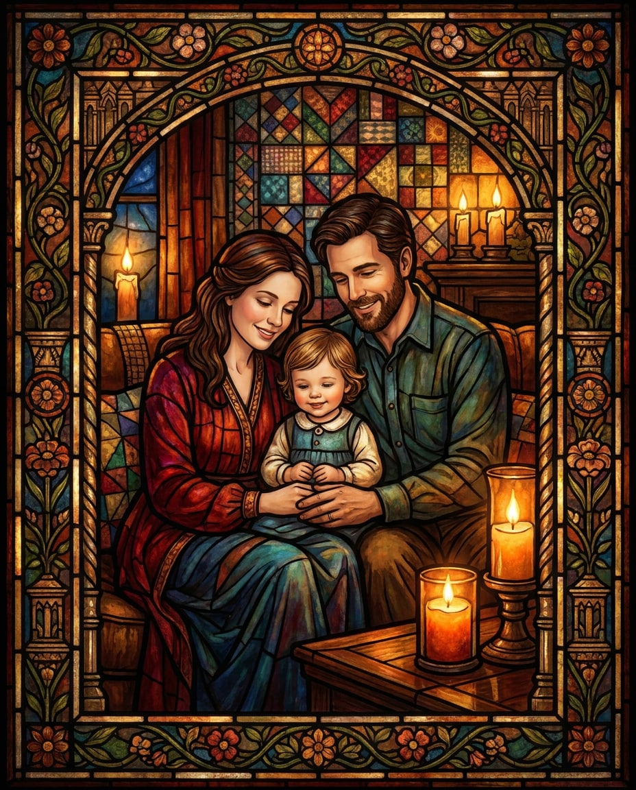 Cozy Family Window AI portrait — Gemini AI Stained Glass Art Prompt