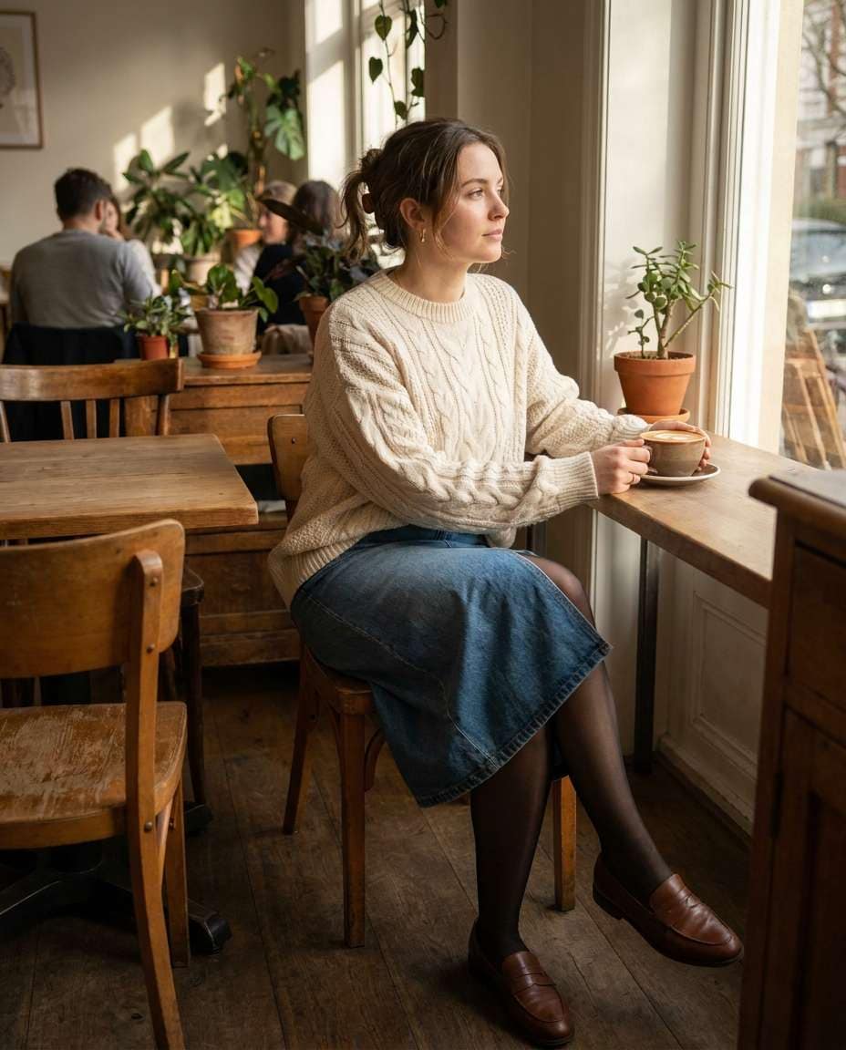 Cozy Knit Layering AI portrait — Gemini AI Denim Skirt Prompt