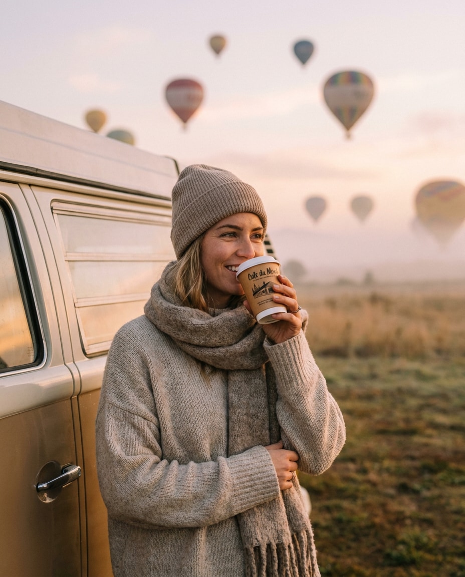 Cozy Sweater Travel Shot AI portrait example — AI Hot Air Balloon Prompts for Gemini & ChatGPT