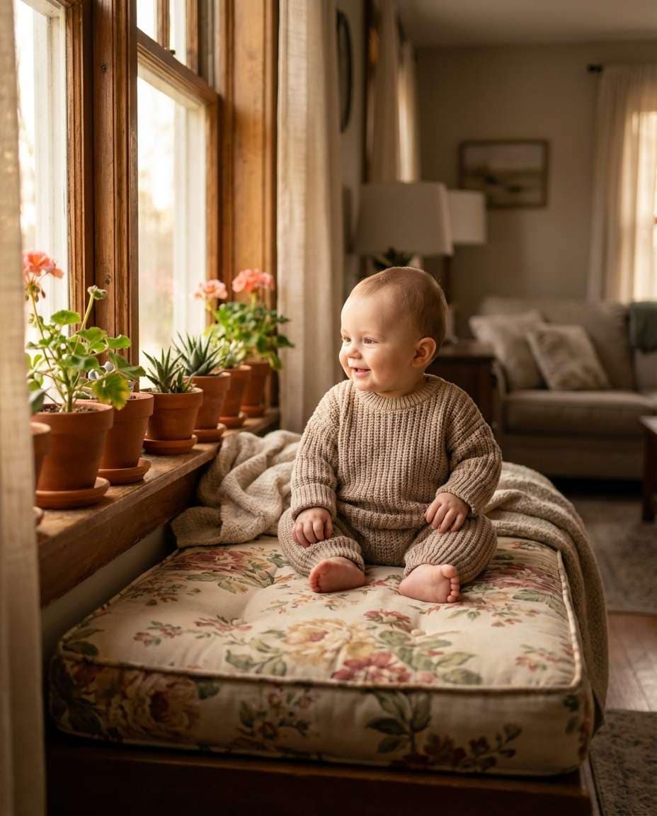 Cozy Window Sill Flowers AI portrait example — AI Baby Flower Photo Prompt