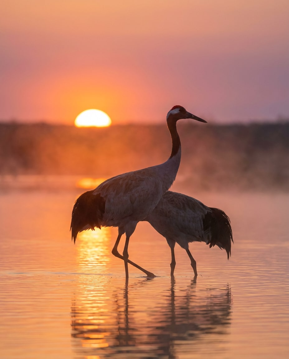 Crane Sunrise Silhouette AI portrait — Gemini AI Bird Prompt