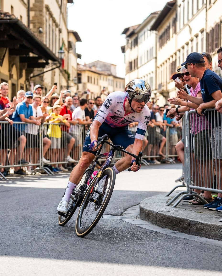 Criterium Corner Lean AI portrait example — Gemini AI Cyclist Photo Prompts