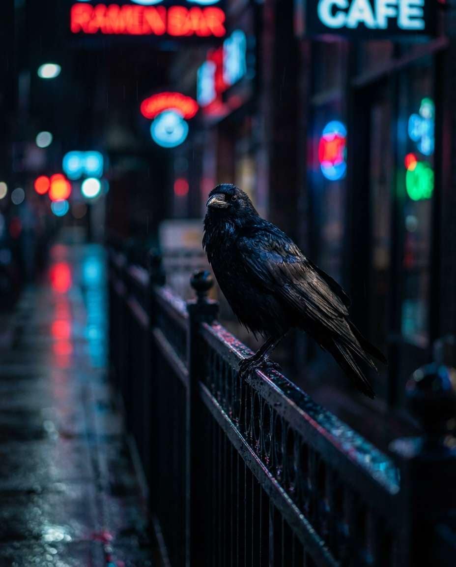 Crow Neon Rain AI portrait example — Gemini AI Bird Prompt