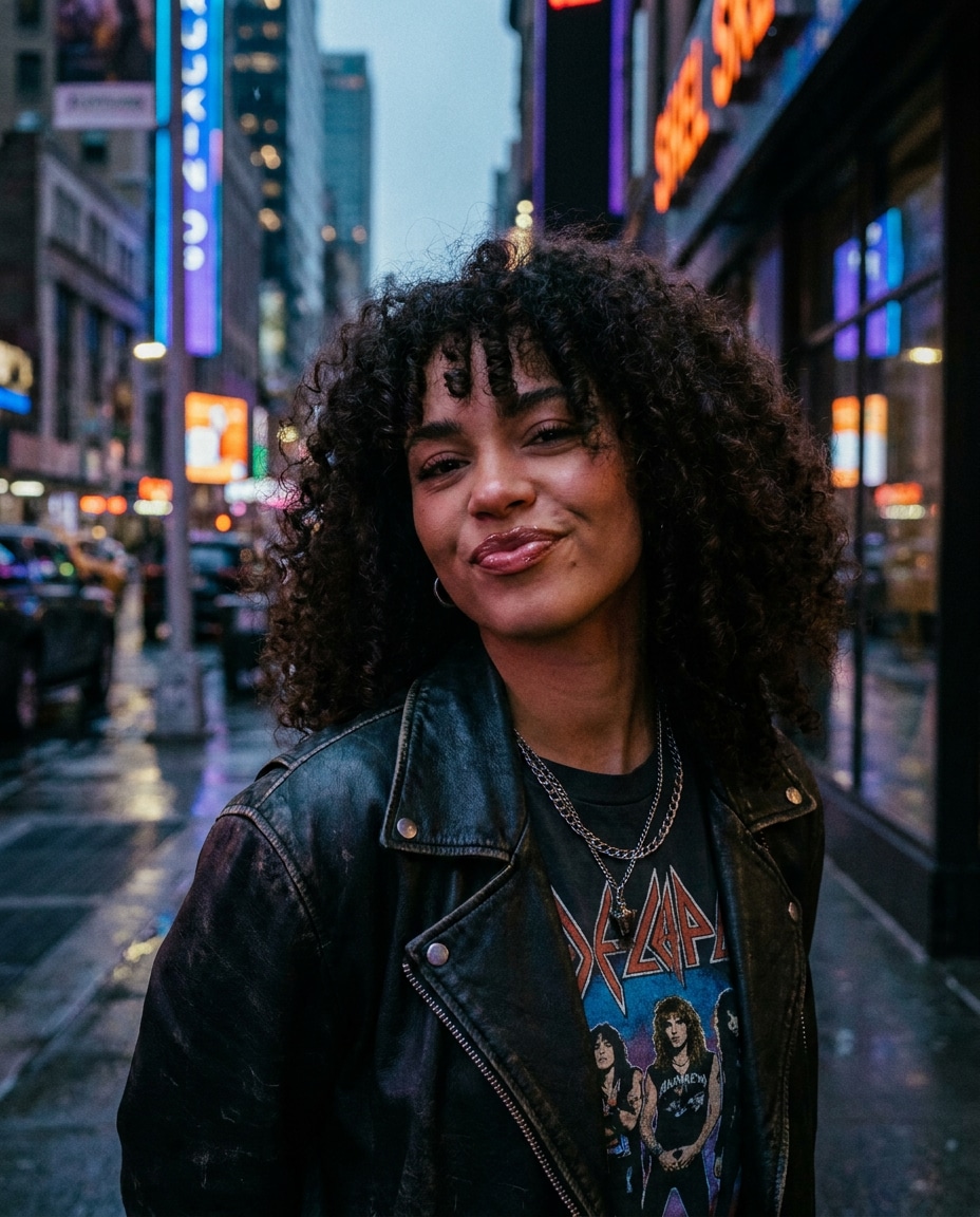 Curly Bangs Street Style AI portrait example — Test 25 Curly Hairstyles with Gemini AI Prompt and See What Suits Your Texture