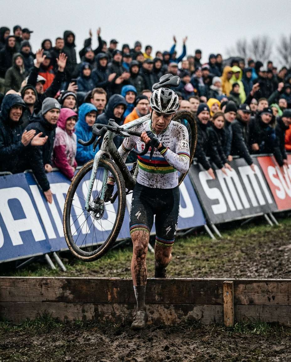 Cyclocross Barrier Jump AI portrait example — Gemini AI Cyclist Photo Prompts
