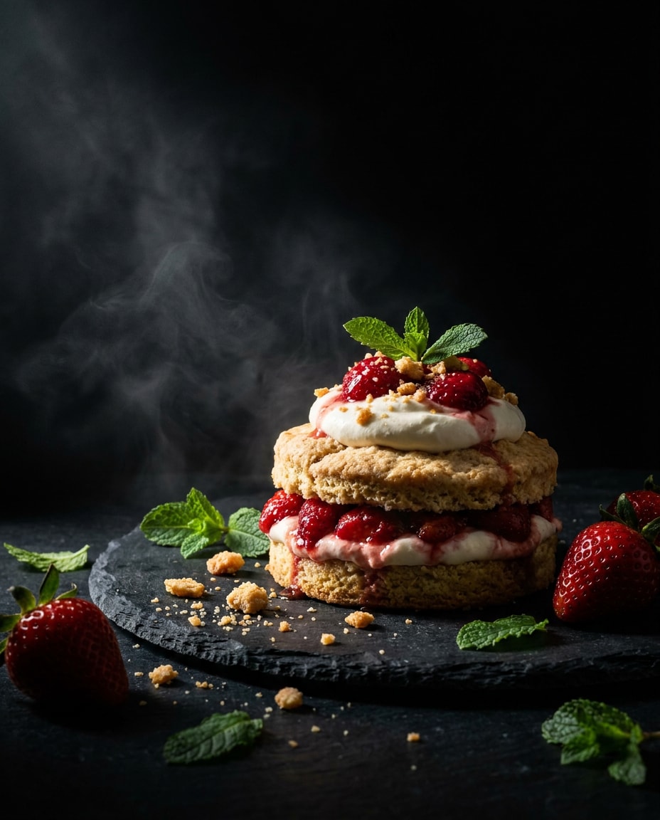 Dark Moody Dessert AI portrait example — Gemini AI Strawberry Shortcake Photo Prompt