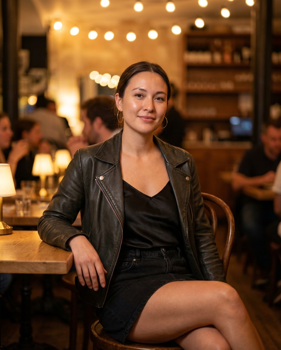 Date Night Bistro AI portrait — Gemini AI Denim Skirt Prompt
