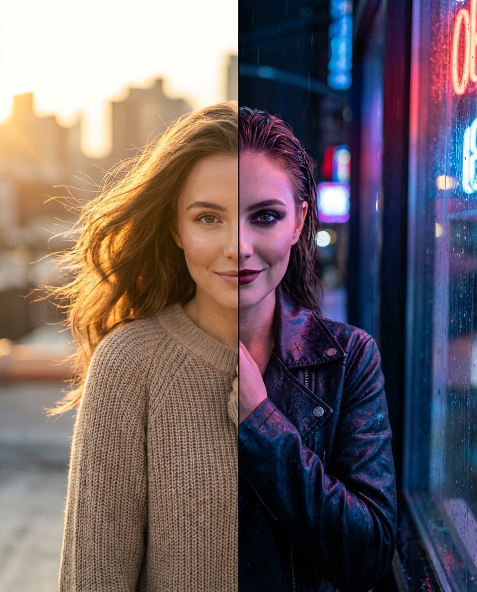 Day vs Neon Night AI portrait