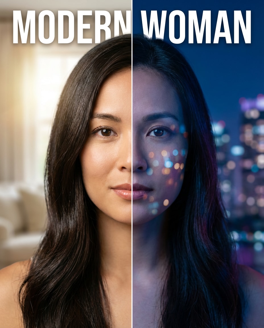 Day vs Night Mood AI portrait example — Gemini AI Half Face Prompt