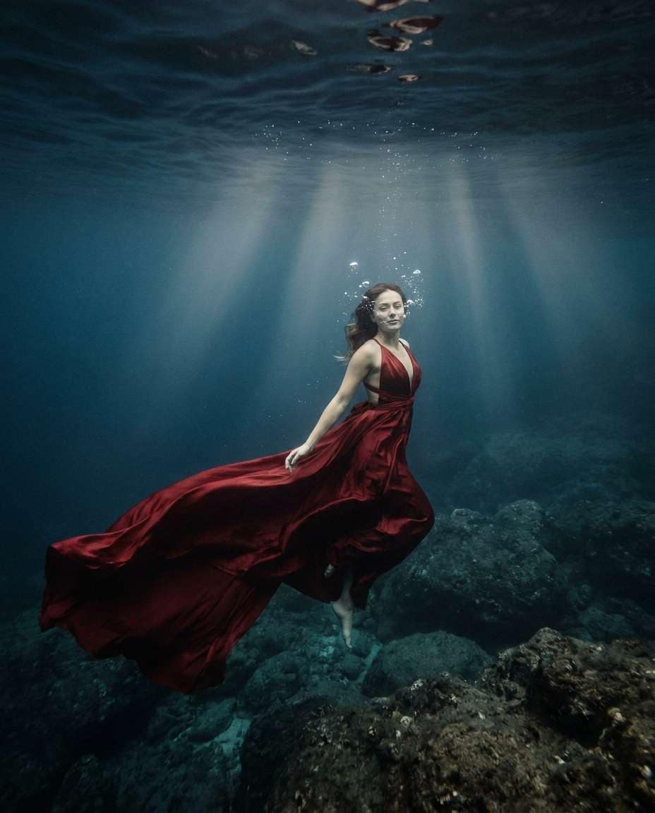 Deep Sea Red Dress AI portrait