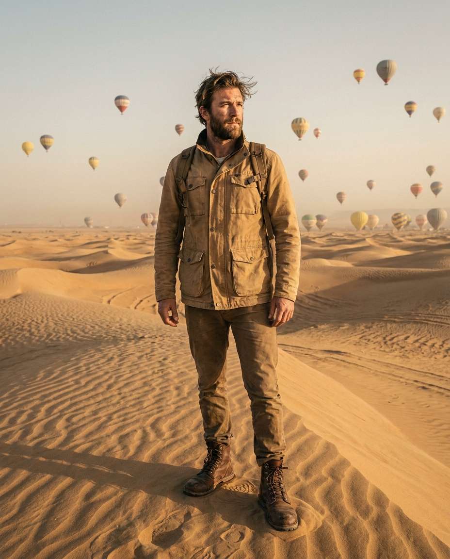 Desert Dawn Adventure AI portrait example — AI Hot Air Balloon Prompts for Gemini & ChatGPT