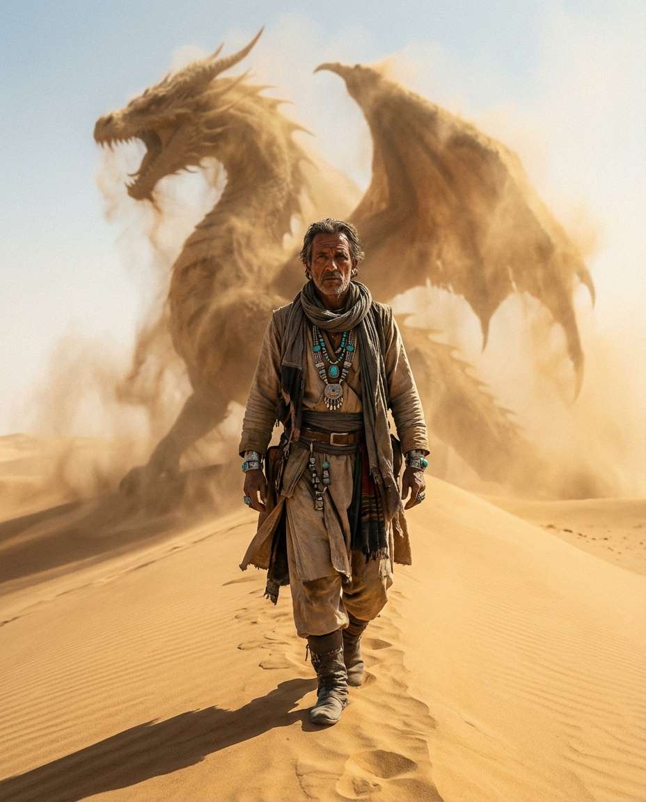 Desert Dune Dragon AI portrait example — Gemini AI Dragon Photo Prompt