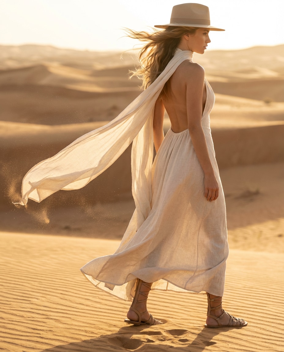 Desert Editorial Wind AI portrait — Gemini AI Backless Dress Prompt