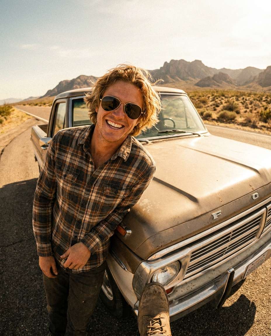 Desert Road Trip AI portrait — Free Copy & Paste