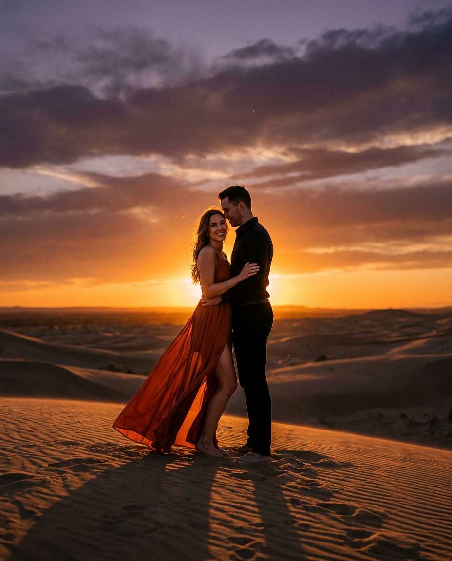 Desert Sunset Drama AI portrait — Gemini AI Hot Dress Couple Prompt