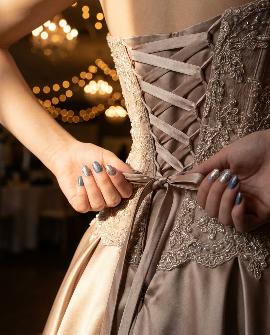 Detail: Corset Lacing AI portrait — Gemini AI Prom Dress Prompt