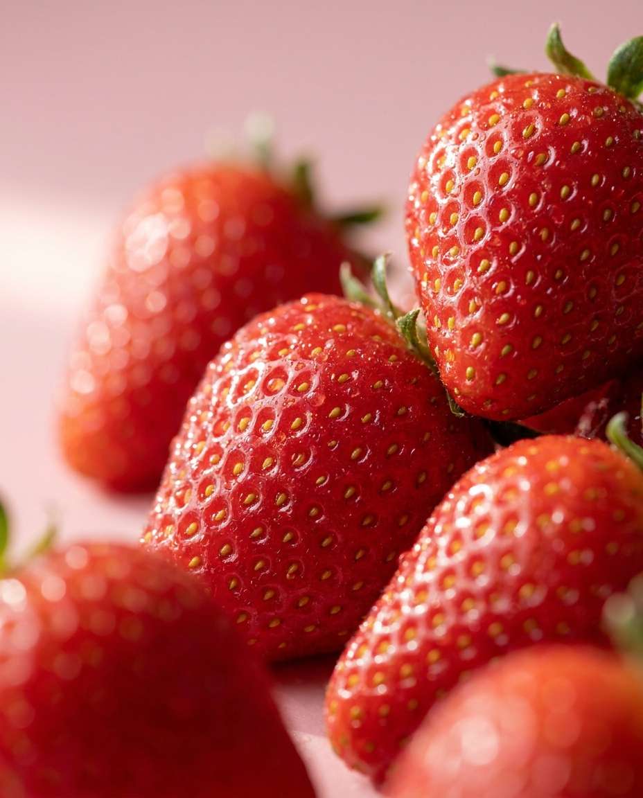 Dewy Strawberry Macro AI portrait example — Fruit Wallpaper AI Prompts