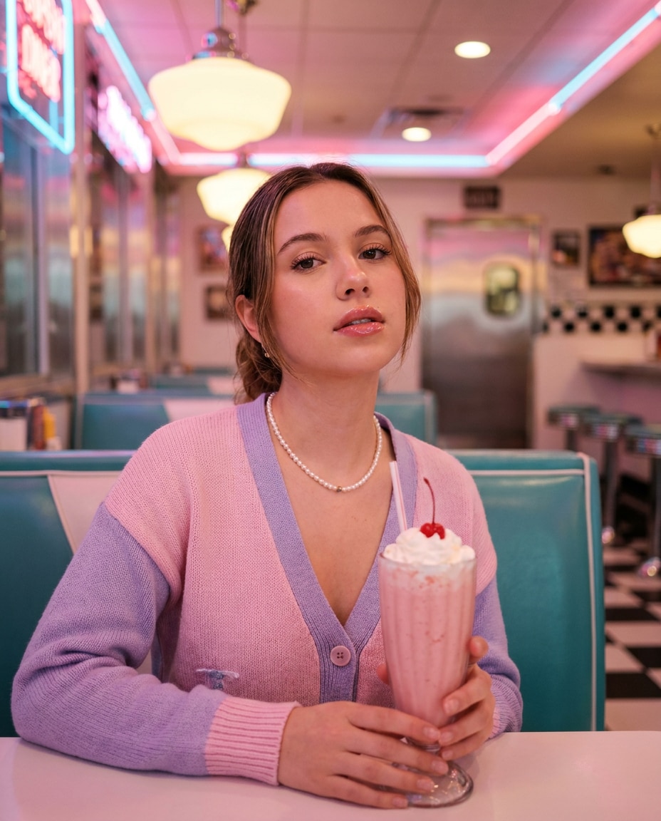 Diner Milkshake Glow AI portrait — Strawberry Aesthetic Prompts for Gemini & ChatGPT