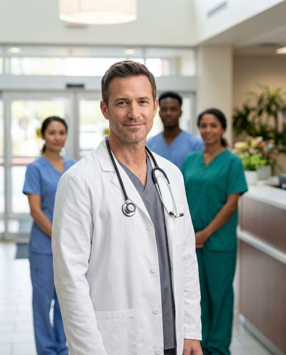 Doctor Team Leader AI portrait example — AI Doctor Photography Prompt