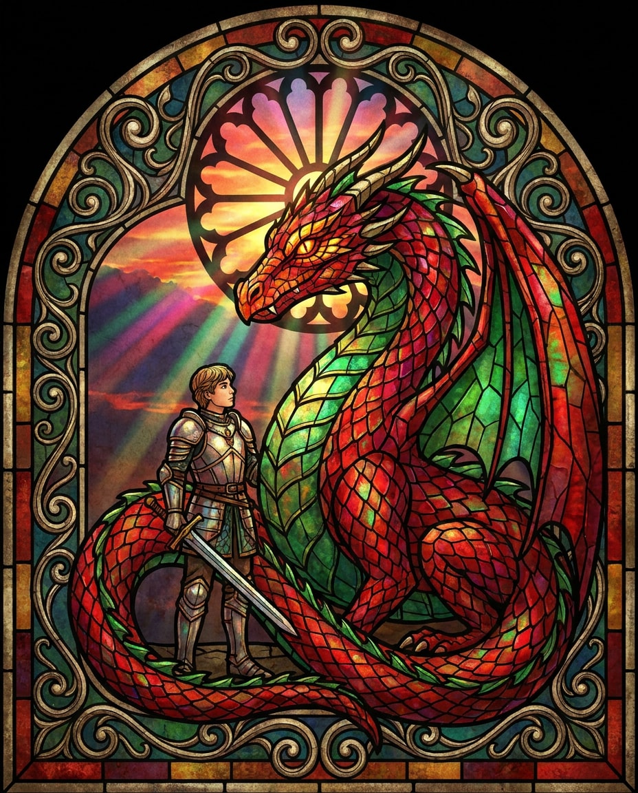 Dragon Guardian Pair AI portrait — Gemini AI Stained Glass Art Prompt