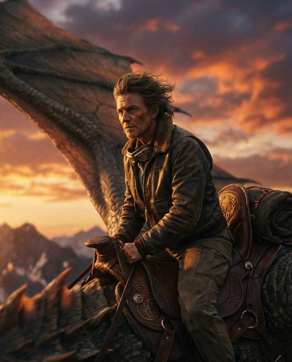 Dragon Rider Sunset AI portrait example — Gemini AI Dragon Photo Prompt