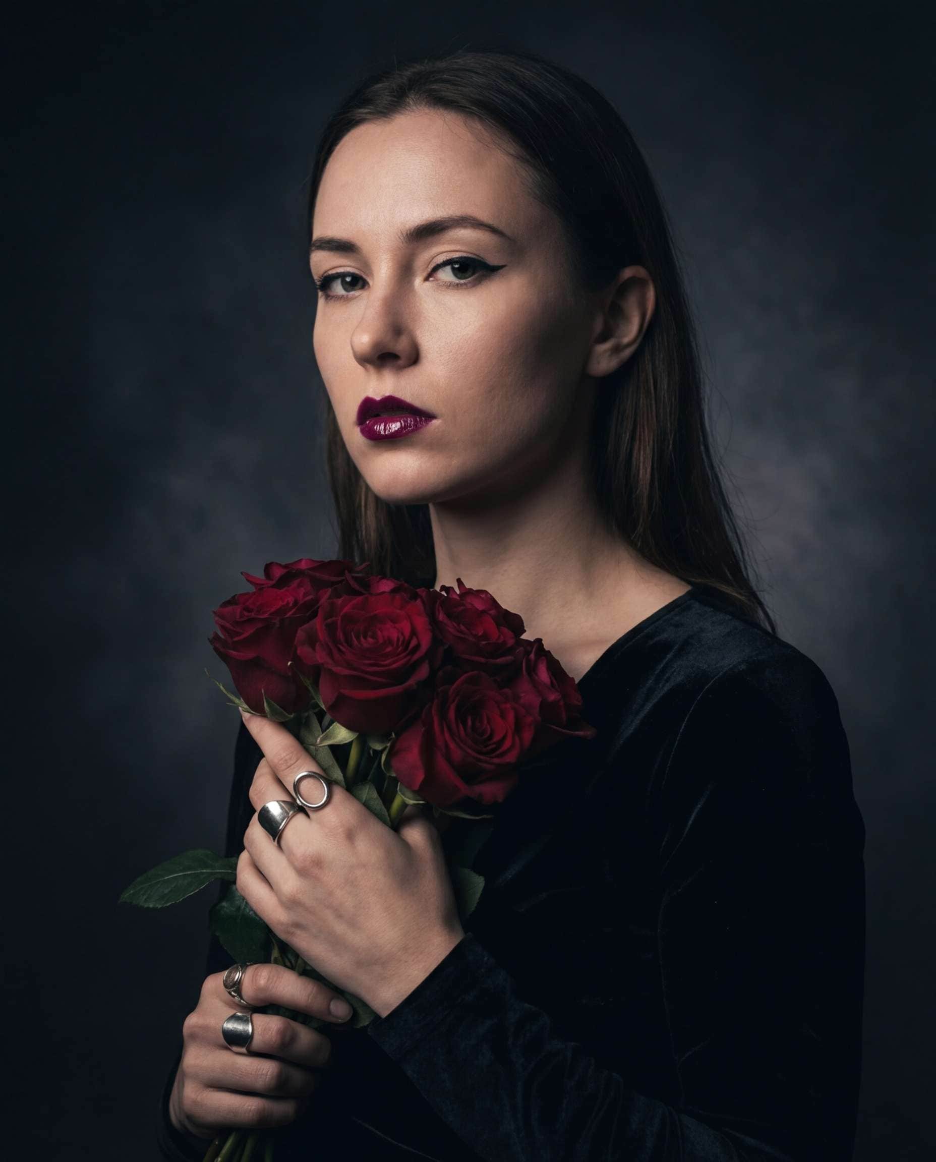 Dramatic Black Roses AI portrait example — AI Flower Photo Prompt for Girls