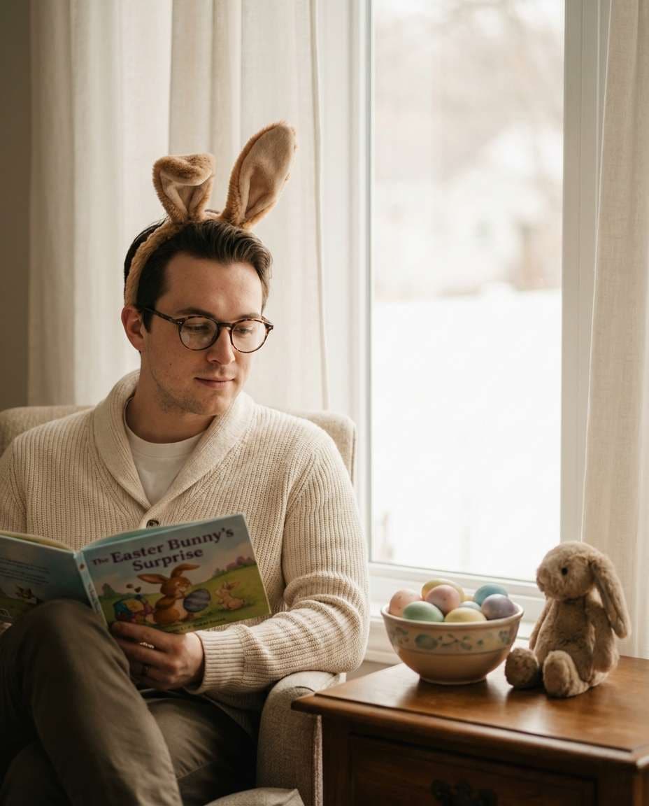 Easter Bunny Book Nook AI portrait example — AI Easter Bunny Photography Prompt