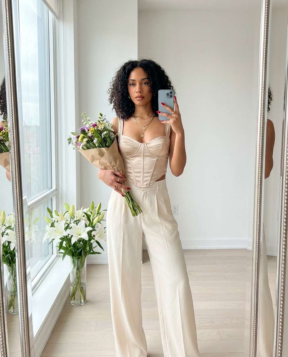 Editorial Mirror Selfie AI portrait example — AI Flower Photo Prompt for Girls