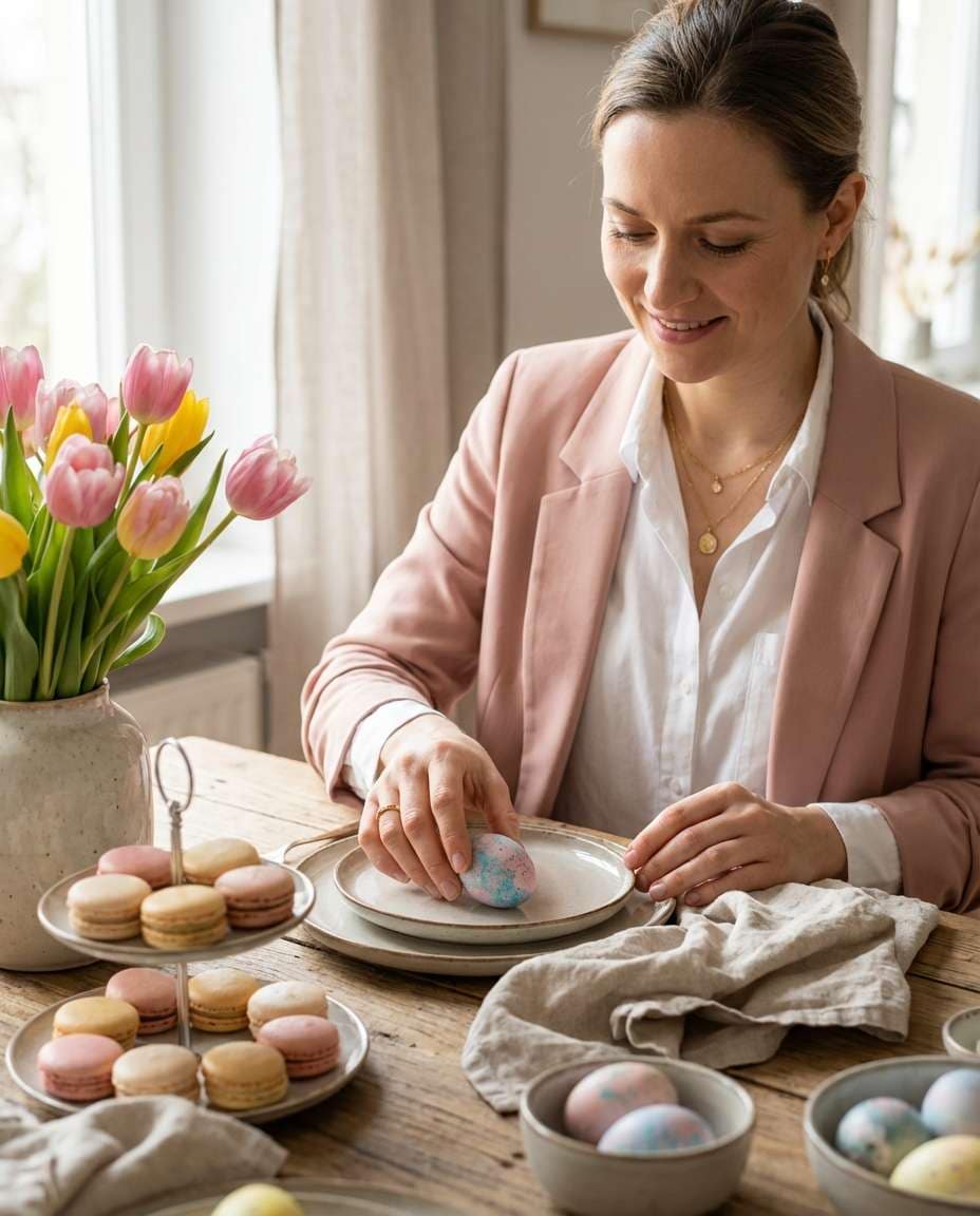 Elegant Brunch Table AI portrait example — AI Easter Egg Photography Prompt