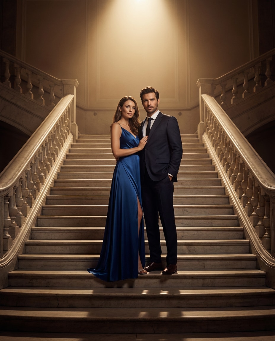 Elegant Staircase Pose AI portrait — Gemini AI Hot Dress Couple Prompt
