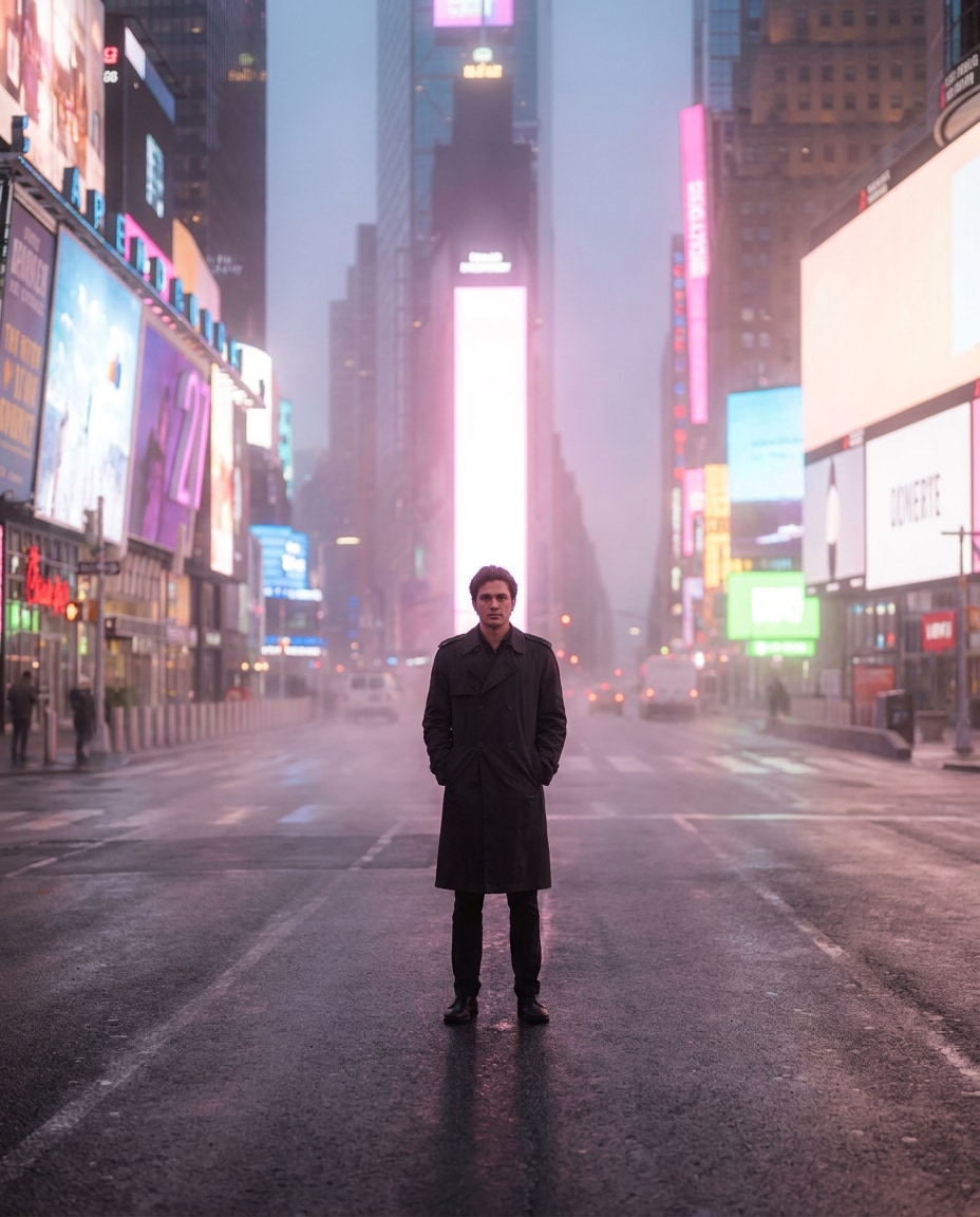 Empty Dawn Times Square AI portrait example — Gemini AI Photo Prompt Times Square