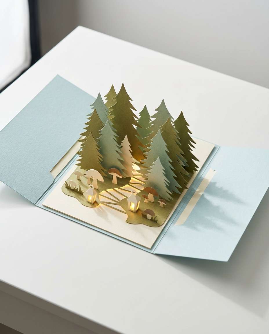 Enchanted Forest Gatefold AI portrait example — AI 3D Pop-up Card Prompt