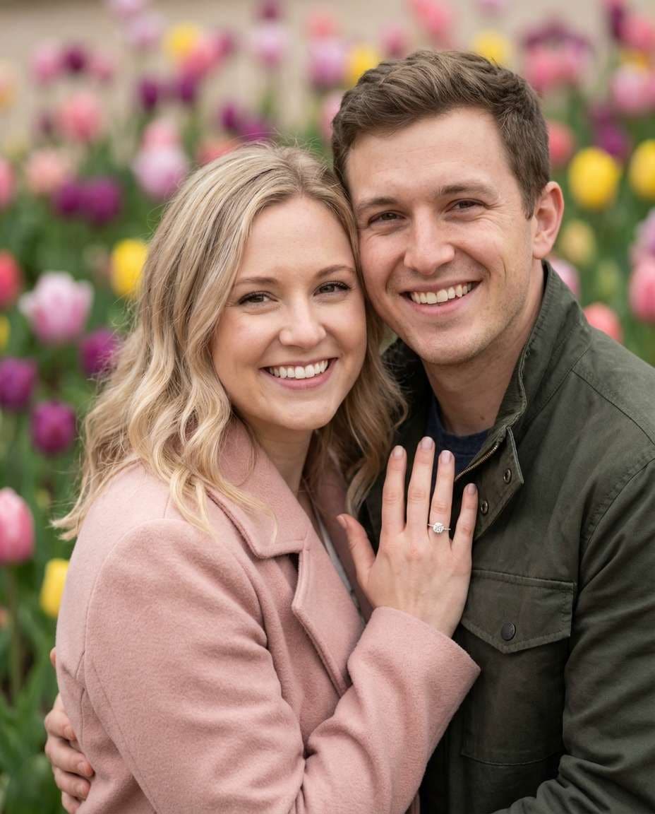 Engagement Ring Close-Up AI portrait example — AI Tulip Garden Photography Prompt
