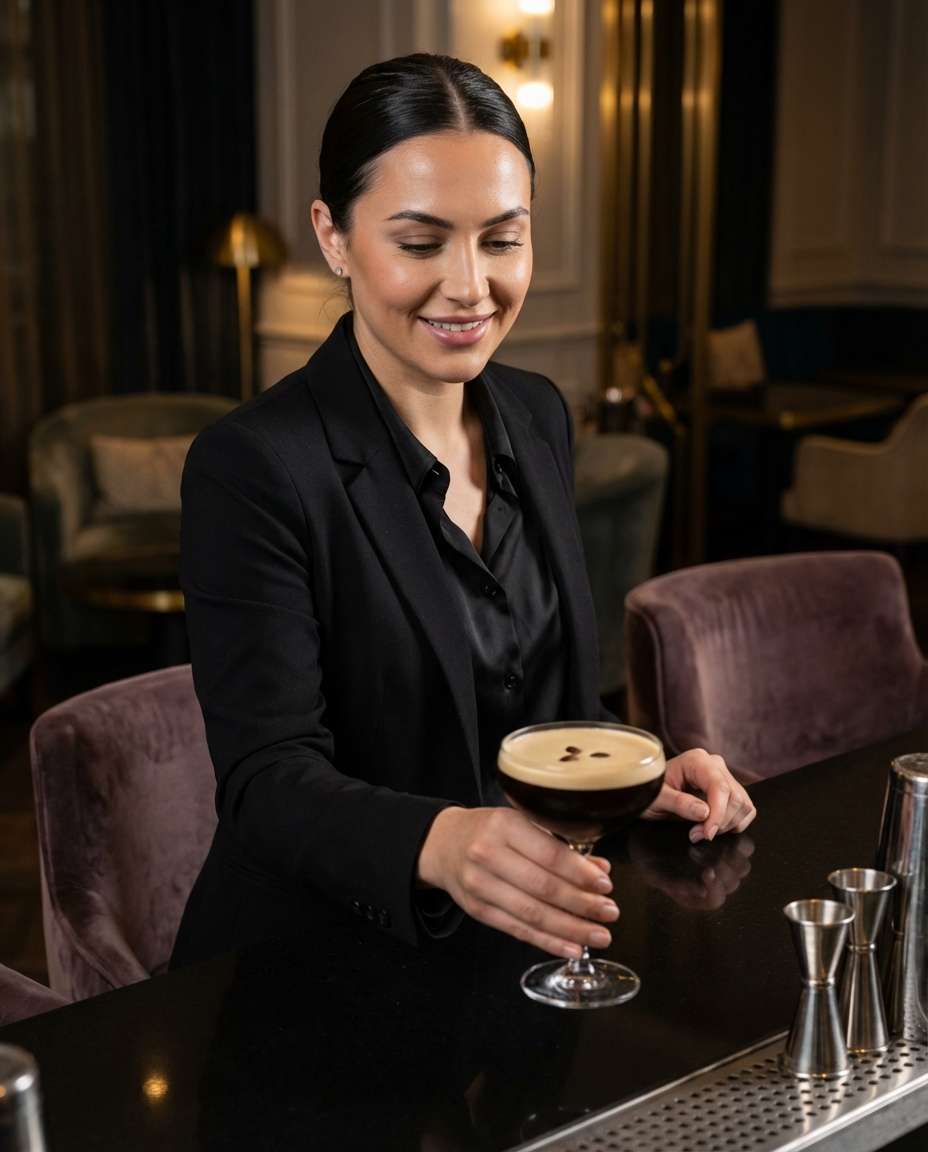 Espresso Martini Glam AI portrait example — Gemini AI Bartender Photo Prompts