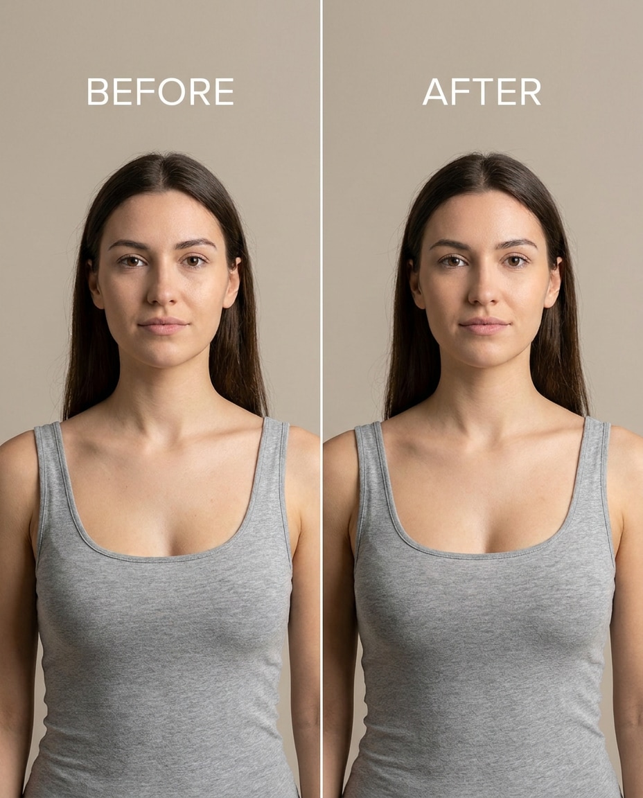 Even Symmetry Fix AI portrait example — AI Breast Expansion Prompts for Gemini & ChatGPT: 25+ natural retouch ideas