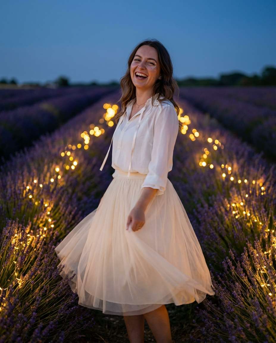 Fairy Lights Twilight AI portrait example — AI Lavender Field Photo