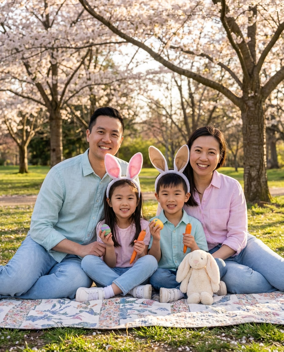 Family Bunny Picnic AI portrait example — AI Easter Bunny Photography Prompt