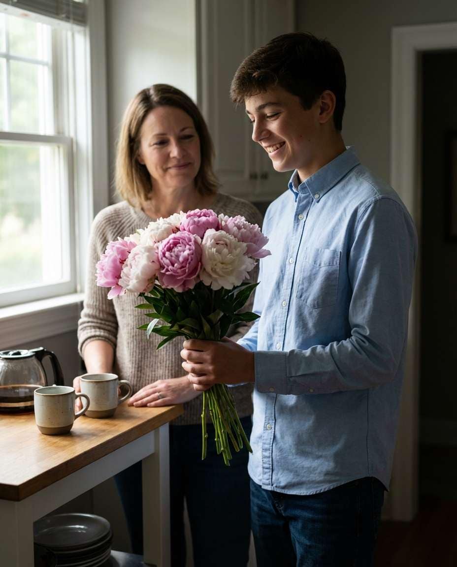 Family Moment Flowers AI portrait example — Gemini AI Flower Photo Prompt for Boys