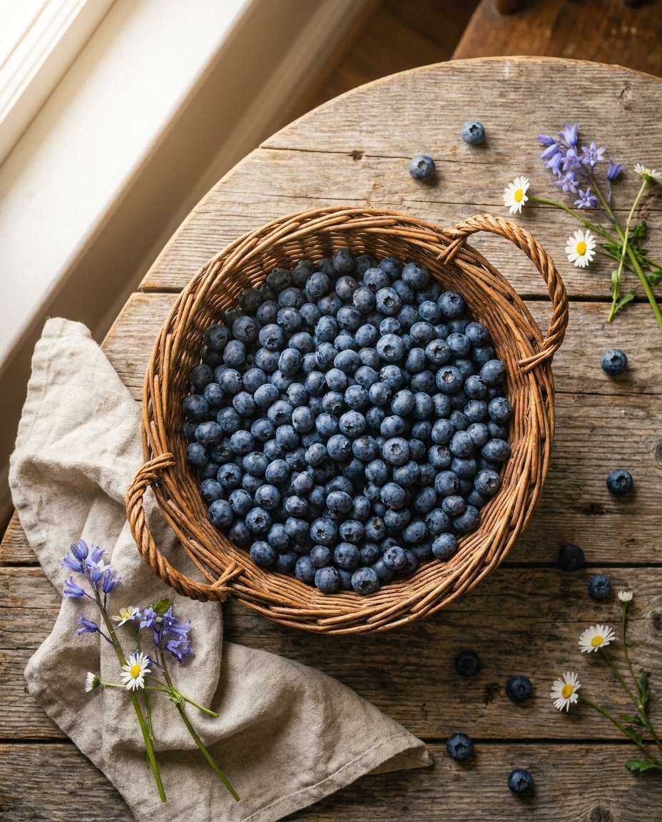 Farmer Basket Flat Lay AI portrait example — AI Blueberry Image Prompts for Gemini & ChatGPT