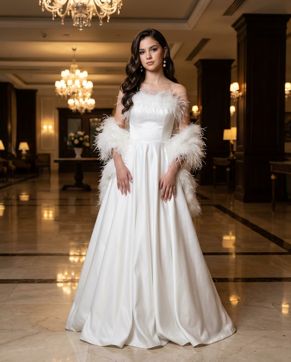 Feather Trim Drama AI portrait — Gemini AI Prom Dress Prompt