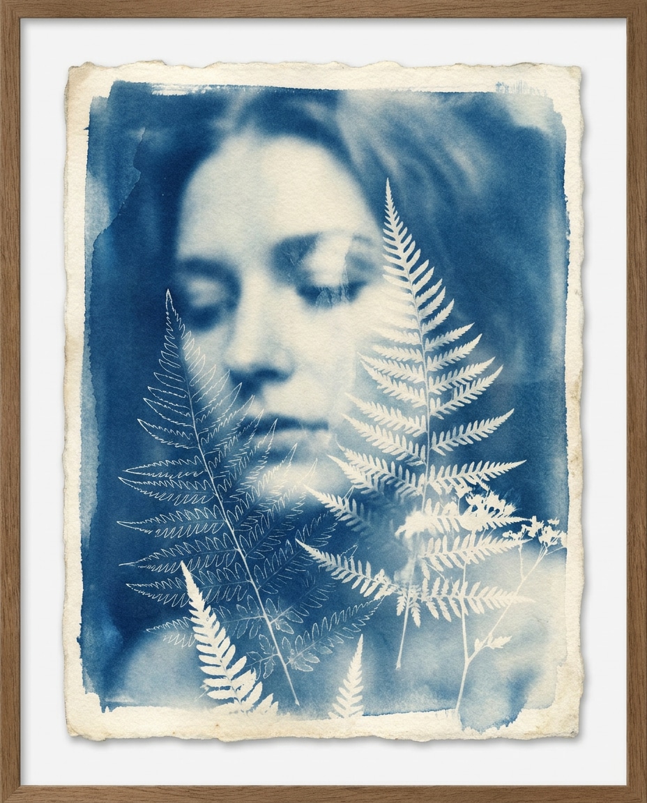 Fern Double Exposure AI portrait example — Free AI Cyanotype Photo Prompts for Gemini & ChatGPT