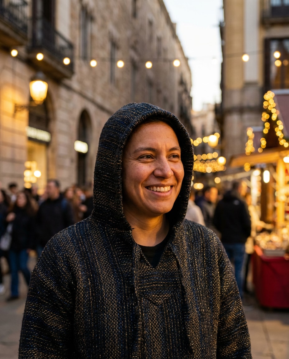 Festival Street Lights AI portrait — Gemini AI Barcelona Hoodie Prompt